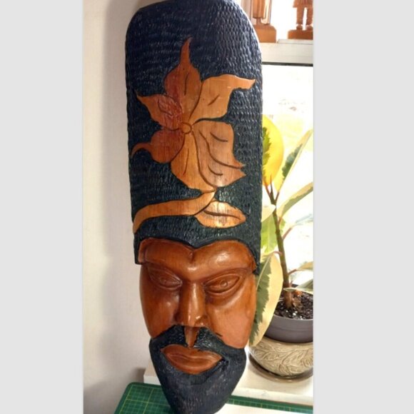 Tiki Head Large Vintage Bearded Polynesian or African Carving Teak Wood 27 inch - Picture 2 of 9